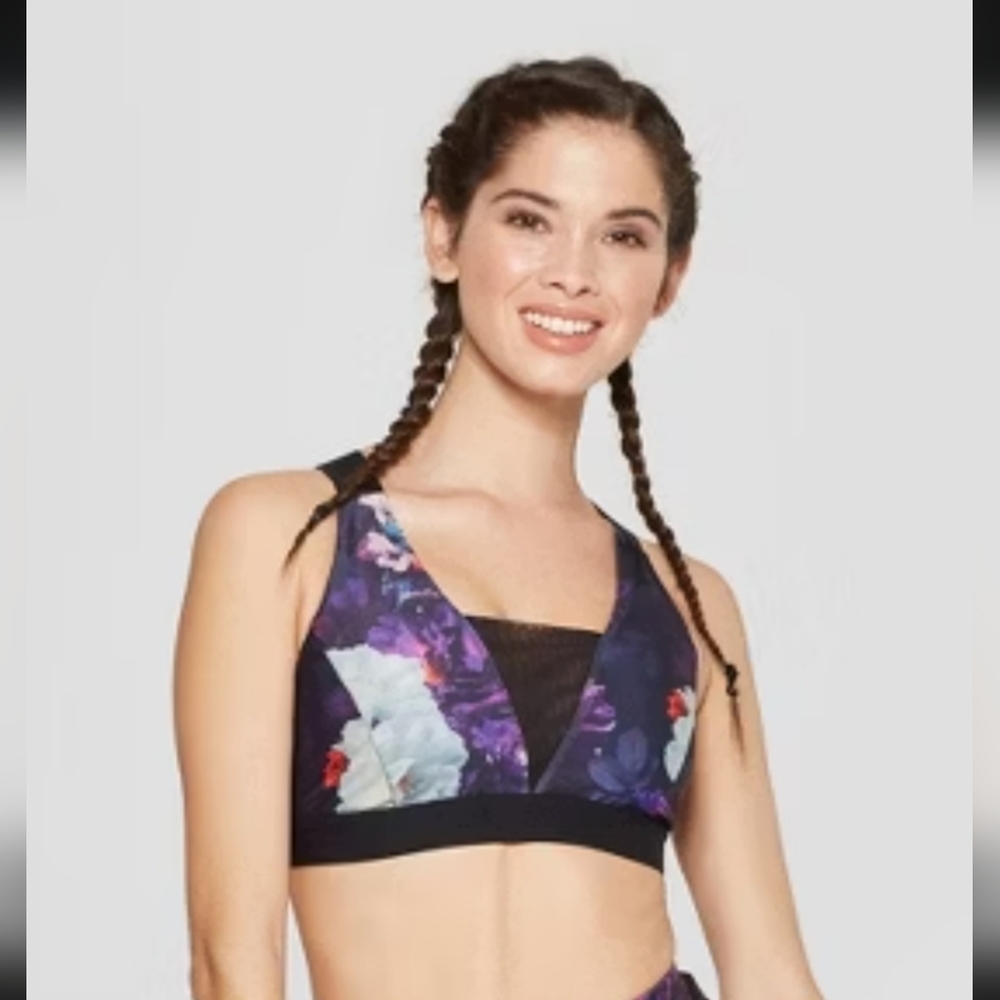 Joy Lab Sports Bra Mesh Front Floral Print Sz M